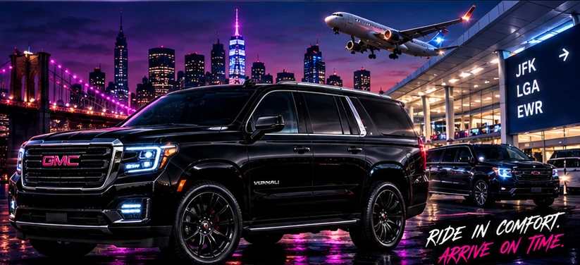 Illustrated black SUV with a New York skyline and airport background