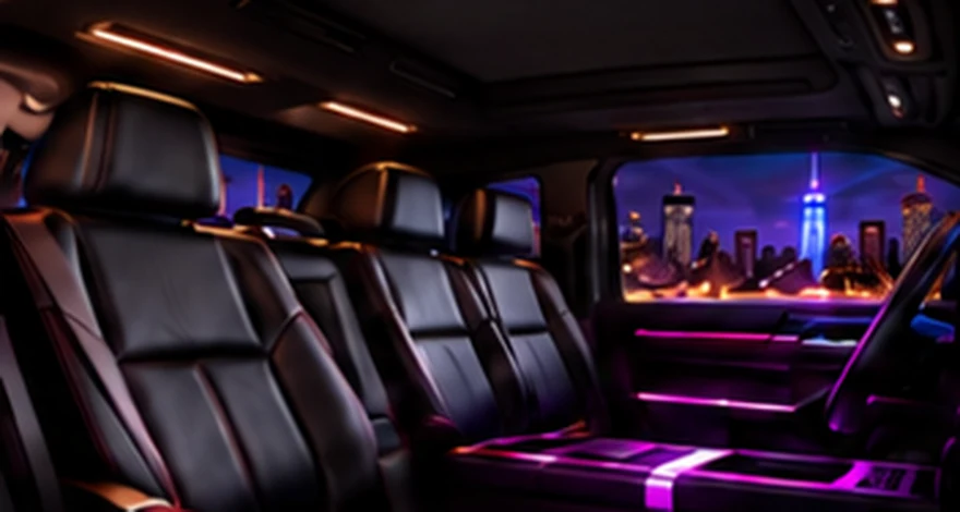 Illustration of a black SUV cabin with door ambient lighting and a regular dark ceiling, without roof stars